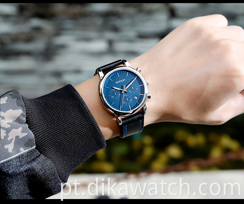 SANDA 1034 relógio de luxo masculino empresarial à prova d 'água, três olhos, seis pinos casual masculino, relógio de couro de quartzo